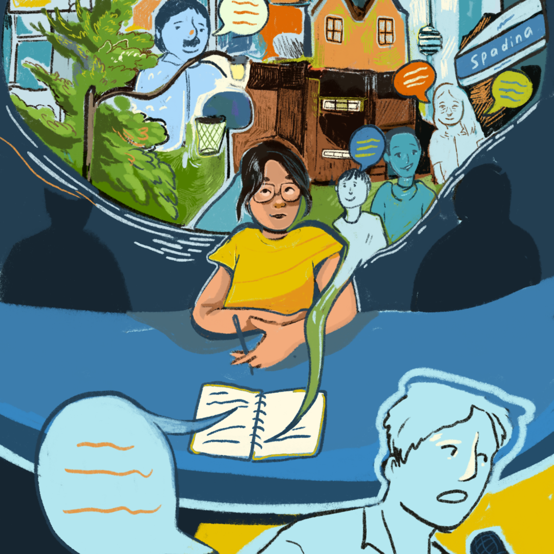 An illustration of a reporter in front of a notepad holding a pen, wearing a yellow shirt with all the sources they've interviewed in speech bubbles around them.