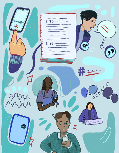 An illustration of characters documenting a community's important meetings with notes on phones and on notebooks.