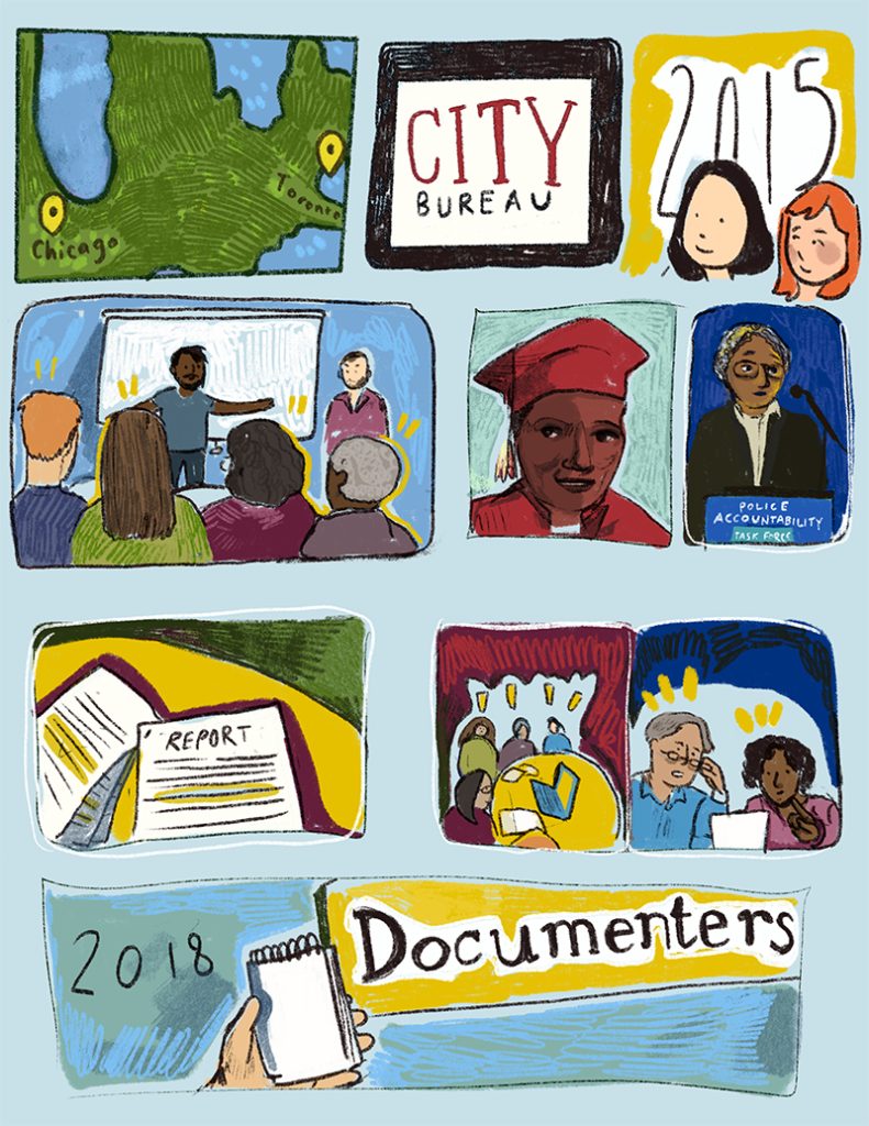 An illustration of characters documenting a community's important meetings including maps and graduation imagery.