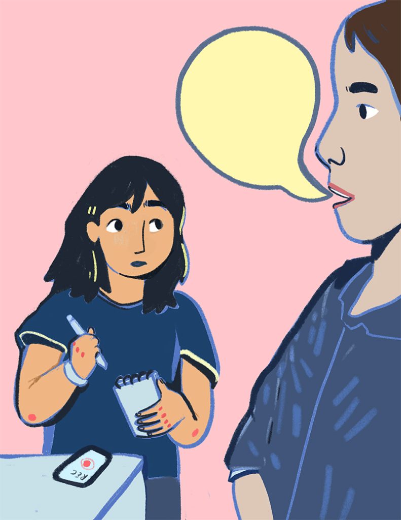 An illustration of a character taking notes.